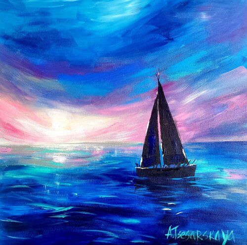 Sunset with sailboats - seascape par Aliaksandra Tsesarskaya, Peinture en vente sur Singulart