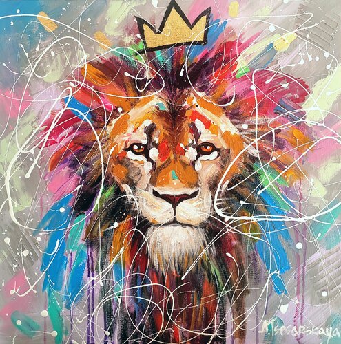 The king - colorful portrait lion van Aliaksandra Tsesarskaya, Schilderij te koop op Singulart