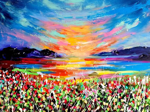 Landscape with flowers - colorful abstract painting di Aliaksandra Tsesarskaya, Pittura in vendita su Singulart