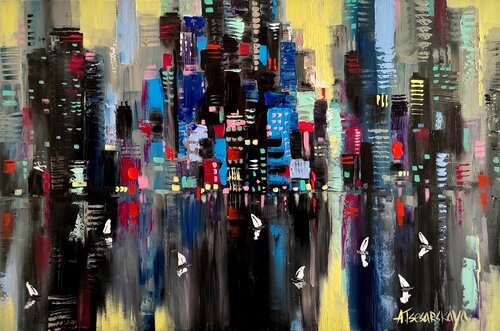 NYC - colorful cityscape de Aliaksandra Tsesarskaya, Pintura a la venta en Singulart