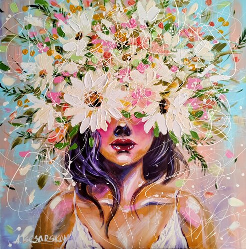 Flowers in my head - colorful portrait woman van Aliaksandra Tsesarskaya, Schilderij te koop op Singulart