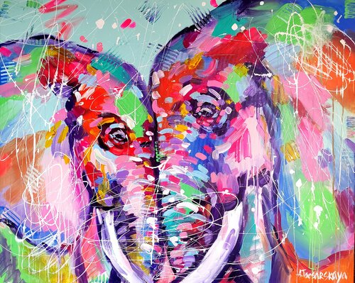 Wild love - colorful portrait elephants von Aliaksandra Tsesarskaya, Malerei kaufen auf Singulart