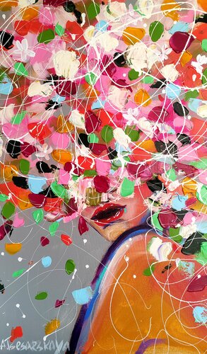Autumn flowers in the head - colorful portrait woman di Aliaksandra Tsesarskaya, Pittura in vendita su Singulart