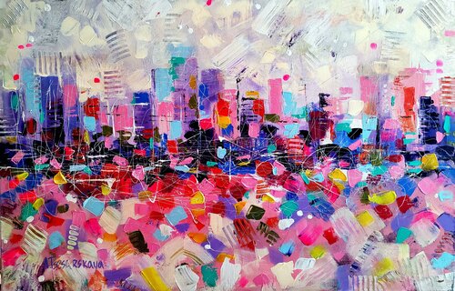Big city - colorful cityscape par Aliaksandra Tsesarskaya, Peinture en vente sur Singulart