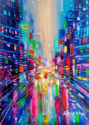 Colorful light's of the city - cityscape par Aliaksandra Tsesarskaya, Peinture en vente sur Singulart