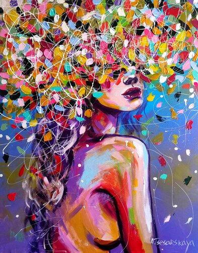 Autumn flowers - colorful portrait woman van Aliaksandra Tsesarskaya, Schilderij te koop op Singulart