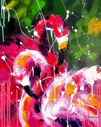 Dance Flamingo - bird painting von Aliaksandra Tsesarskaya, Malerei kaufen auf Singulart