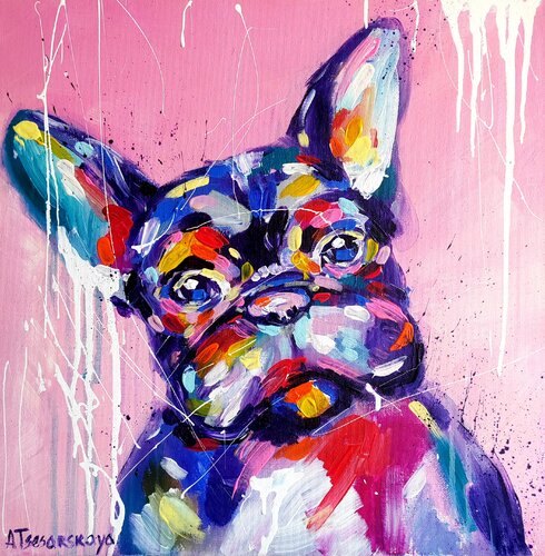 Adorable franch bulldog- colorful portrait dog von Aliaksandra Tsesarskaya, Malerei kaufen auf Singulart