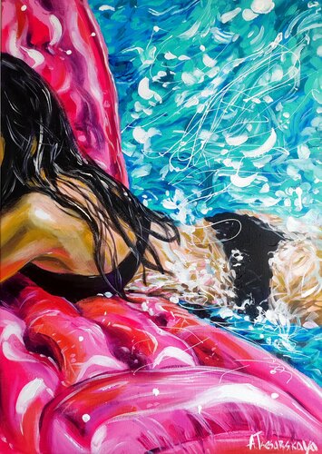 Suny day at the pool - girl at the pool van Aliaksandra Tsesarskaya, Schilderij te koop op Singulart