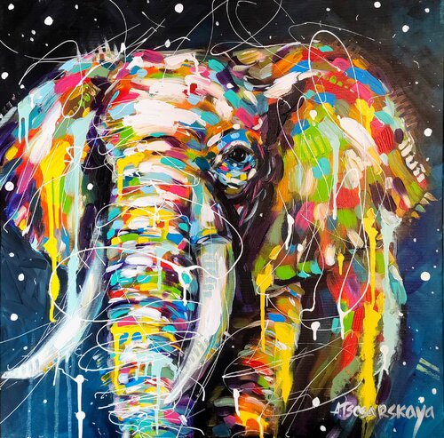 Colorful portrait of elephant - wild animal par Aliaksandra Tsesarskaya, Peinture en vente sur Singulart