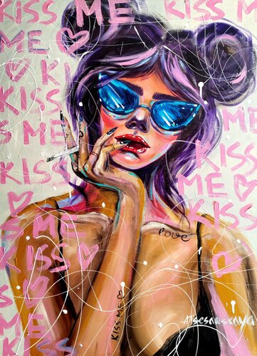 Kiss me - colorful portrait woman van Aliaksandra Tsesarskaya, Schilderij te koop op Singulart