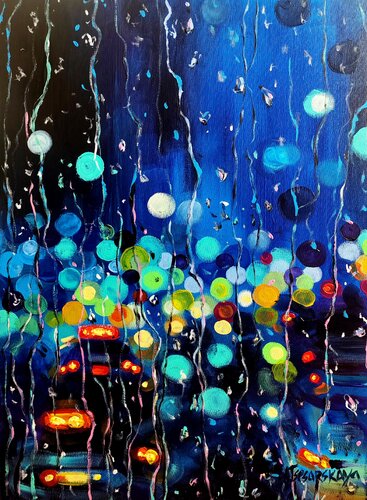 Rainy night light in the city - cityscape von Aliaksandra Tsesarskaya, Malerei kaufen auf Singulart