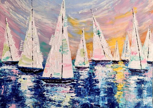 White sailboats - seascape by Aliaksandra Tsesarskaya, Painting for Sale on Singulart