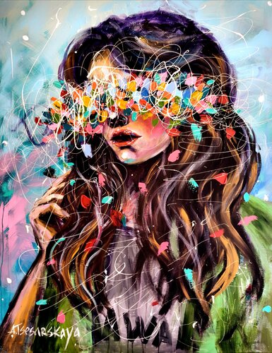 Girl with Green jaket - Colorful portrait by Aliaksandra Tsesarskaya, 회화 for Sale on Singulart