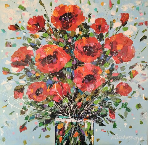 Poppies in vase - textured red flowers von Aliaksandra Tsesarskaya, Malerei kaufen auf Singulart