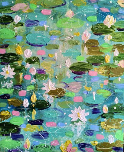 Colorful wáter Lily - lilies in the lake van Aliaksandra Tsesarskaya, Schilderij te koop op Singulart