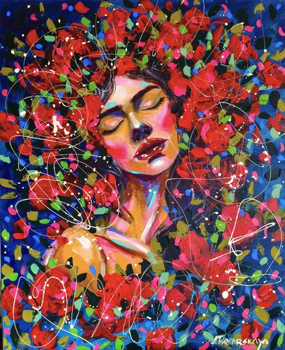 Girl with red flowers - Colorful portrait woman de Aliaksandra Tsesarskaya, Pintura a la venta en Singulart