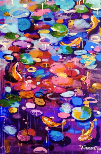 Koi fish with wáter lilies in the lake - landscape with wáter lilies de Aliaksandra Tsesarskaya, Pintura a la venta en Singulart
