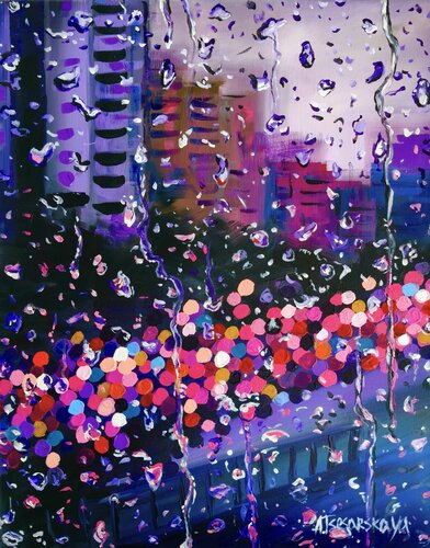 Rainy day in the city - cityscape by Aliaksandra Tsesarskaya, Painting for Sale on Singulart