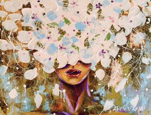 Girl with White flowers - Colorful portrait woman by Aliaksandra Tsesarskaya, Painting for Sale on Singulart