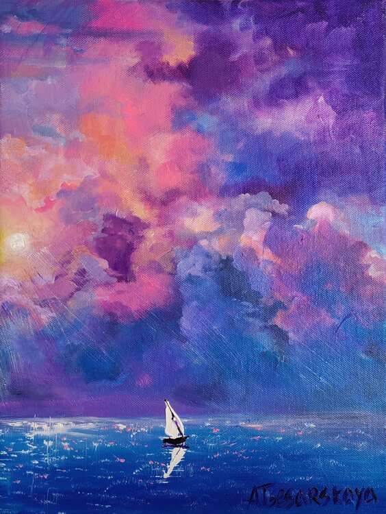 Violet sky with osean - sailboat Aliaksandra Tsesarskaya