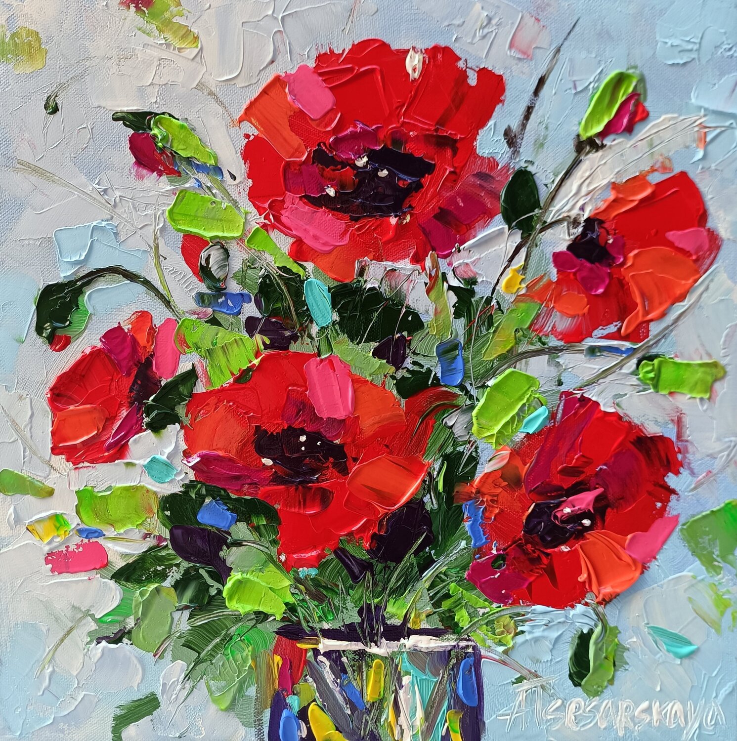 Poppies - textured painting poppies Aliaksandra Tsesarskaya Originalgemälde zu verkaufen