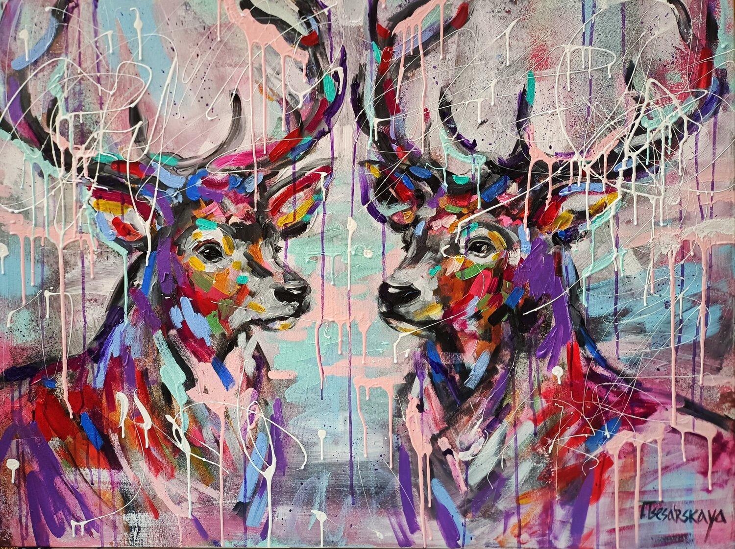 Wild LOVE in winter - deer portrait Aliaksandra Tsesarskaya Originalgemälde zu verkaufen