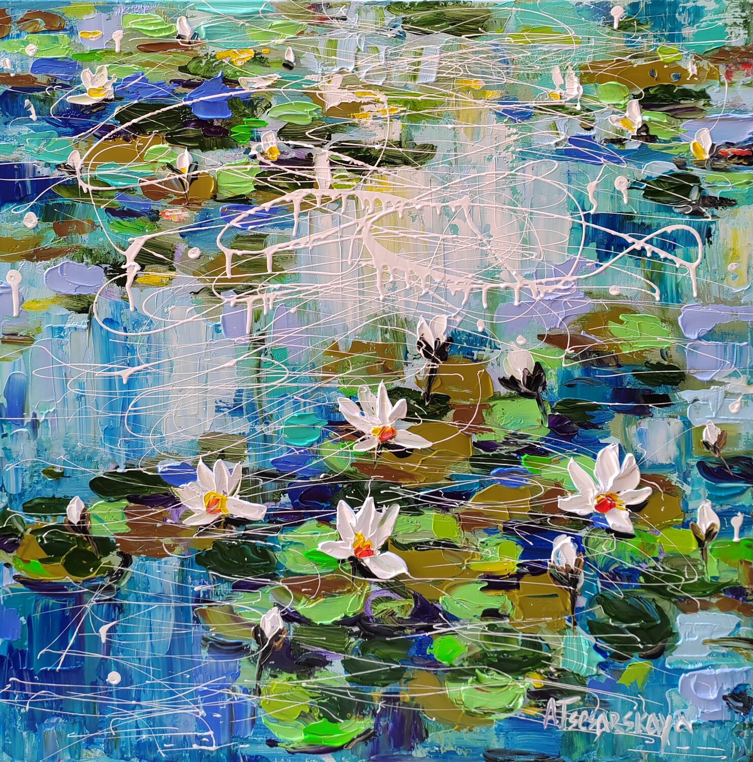 White water lilies - colorful water lilies Aliaksandra Tsesarskaya Dipinto originale in vendita
