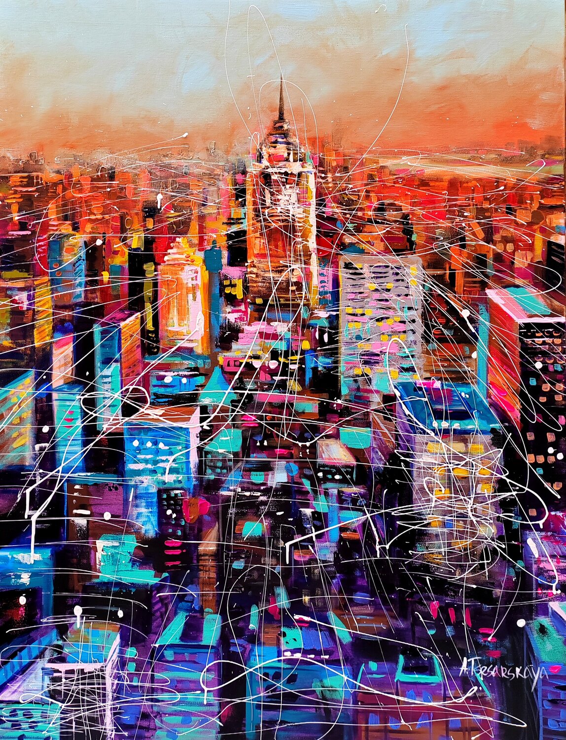 Sunset in New York city Aliaksandra Tsesarskaya Originalgemälde zu verkaufen