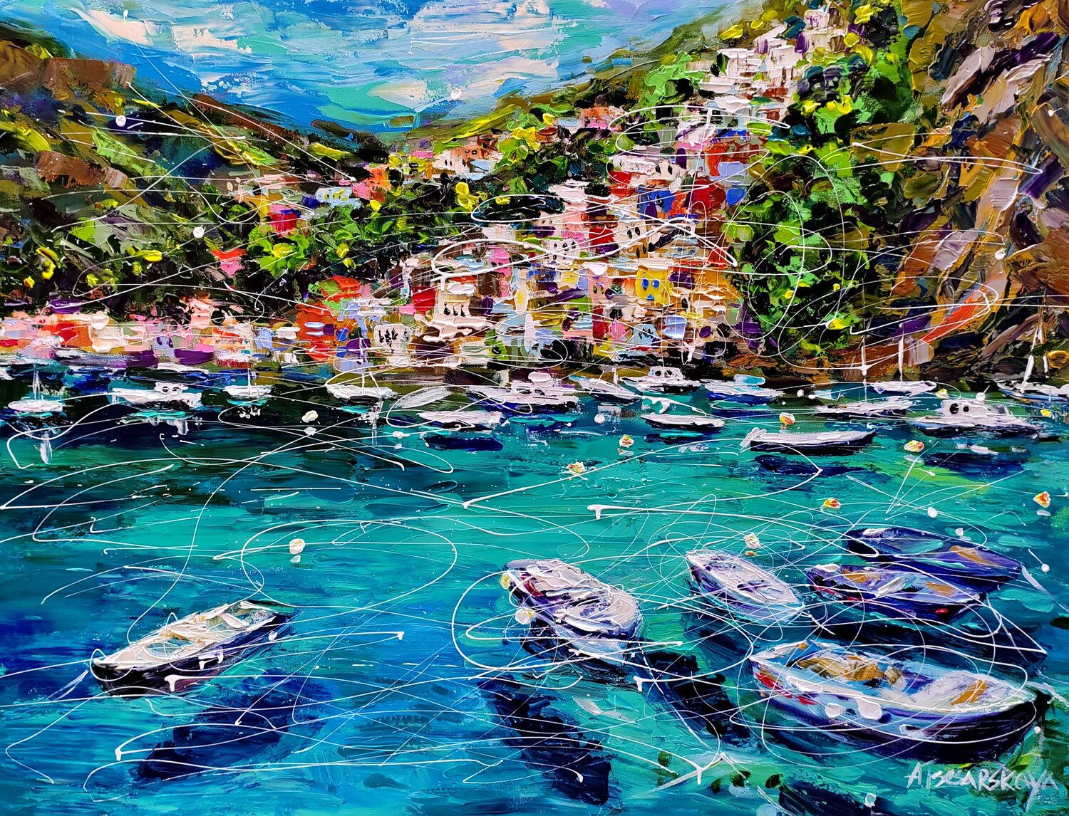 Italian landscape with sailboats Aliaksandra Tsesarskaya Originalgemälde zu verkaufen