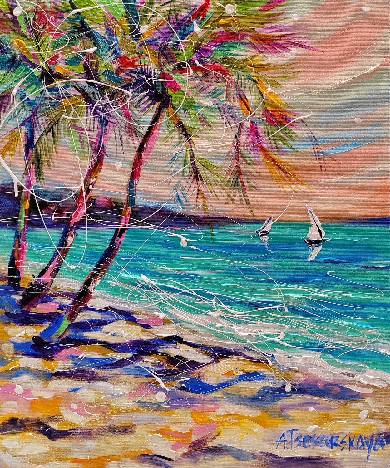 Tropical beach - colorful palm trees - Aliaksandra Tsesarskaya - Acrylic,  Lacquer on Canvas, image size:1249x1500