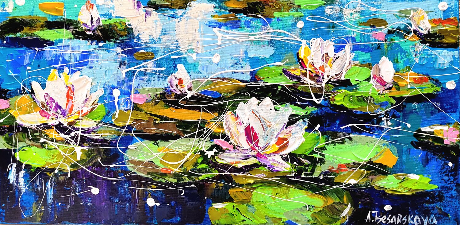 Lilies - colorful water lilies Aliaksandra Tsesarskaya Dipinto originale in vendita