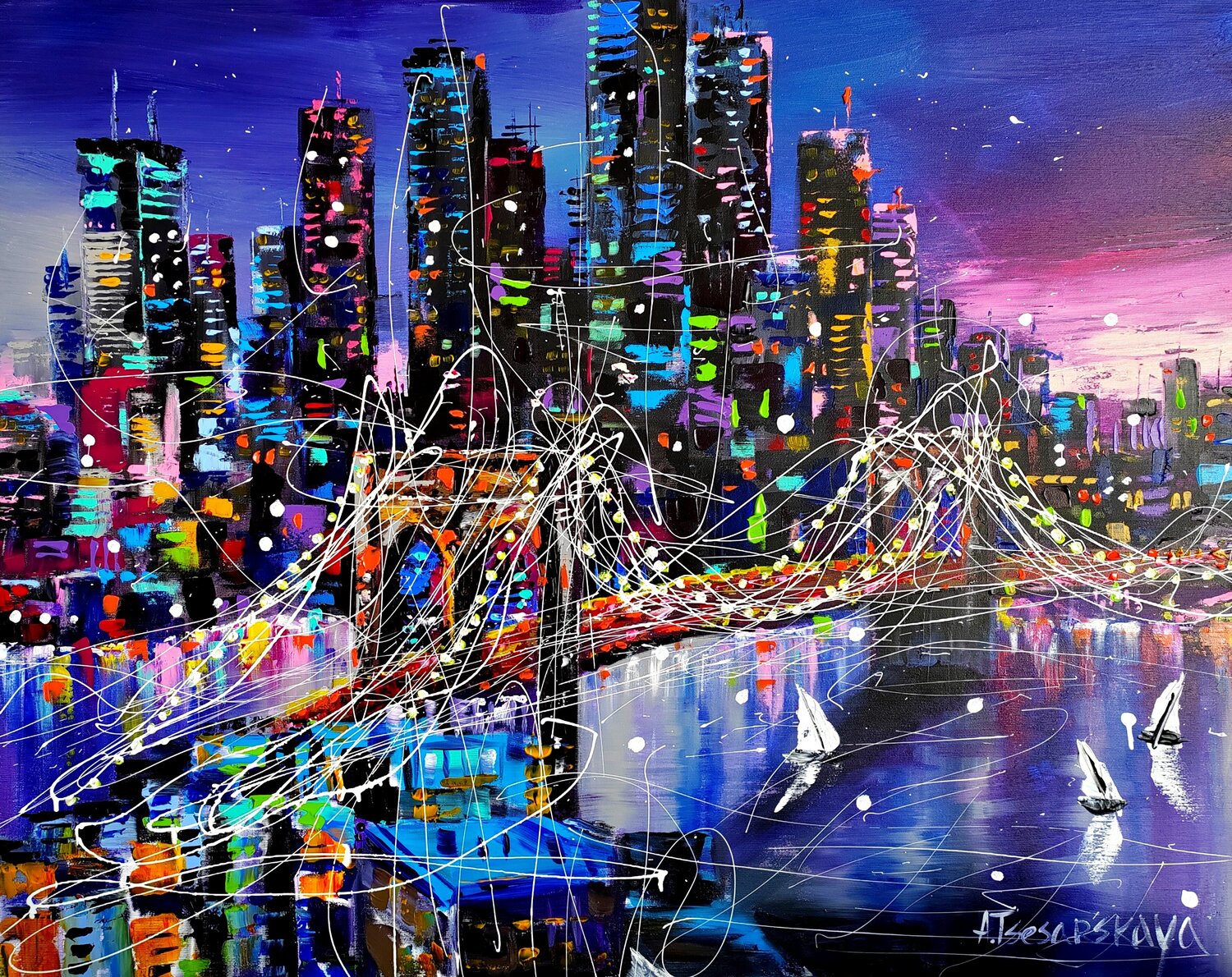 New York in night, cityscape Aliaksandra Tsesarskaya Originalgemälde zu verkaufen
