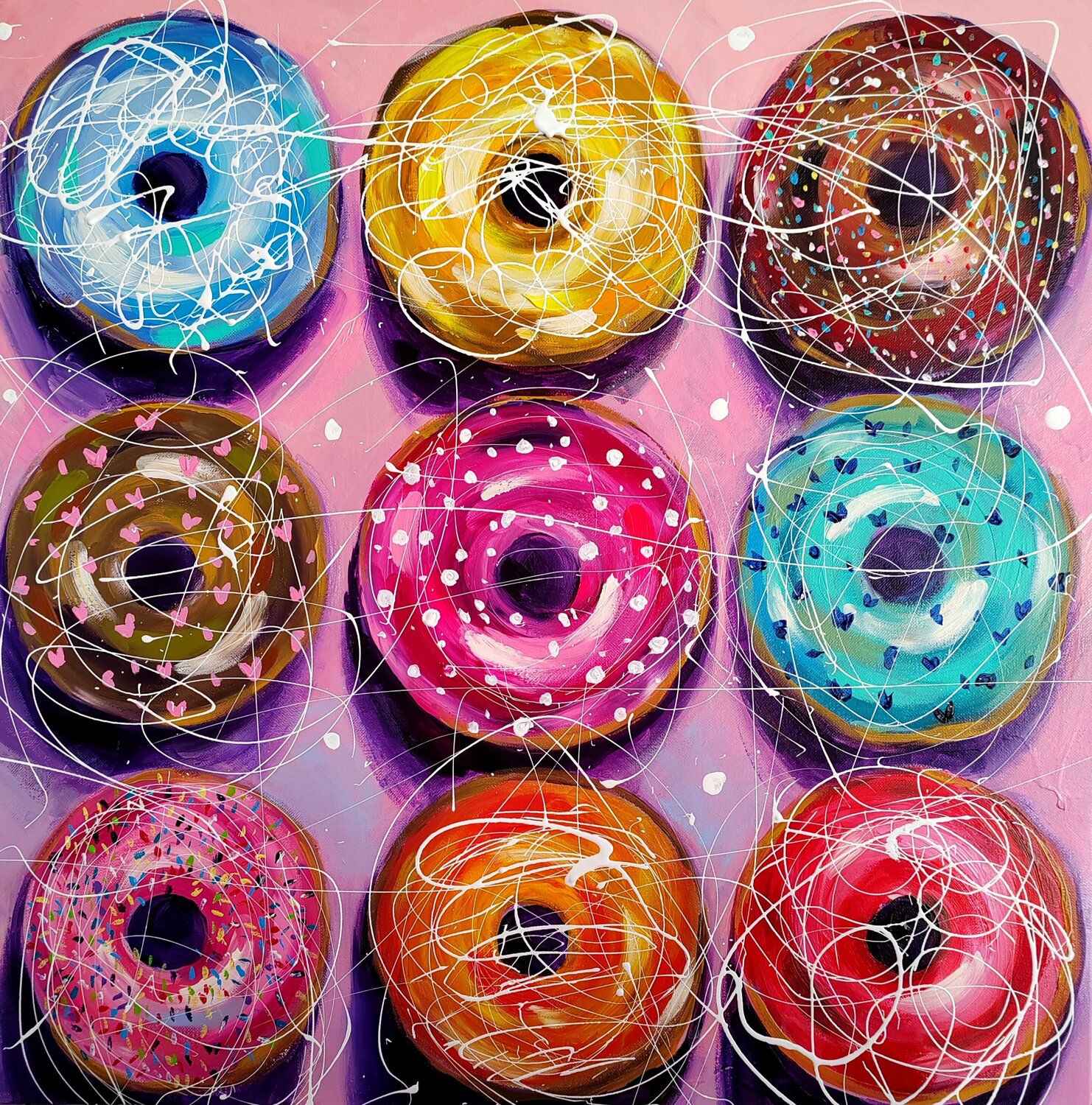 Colorful donuts dessert - donut painting Aliaksandra Tsesarskaya Originalgemälde zu verkaufen