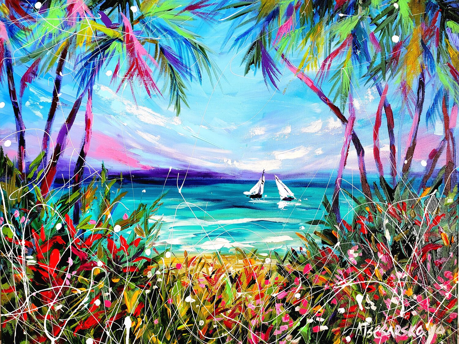 Palm trees , beach, ocean - Aliaksandra Tsesarskaya - Acrylic, Lacquer on  Canvas, image size:1500x1125