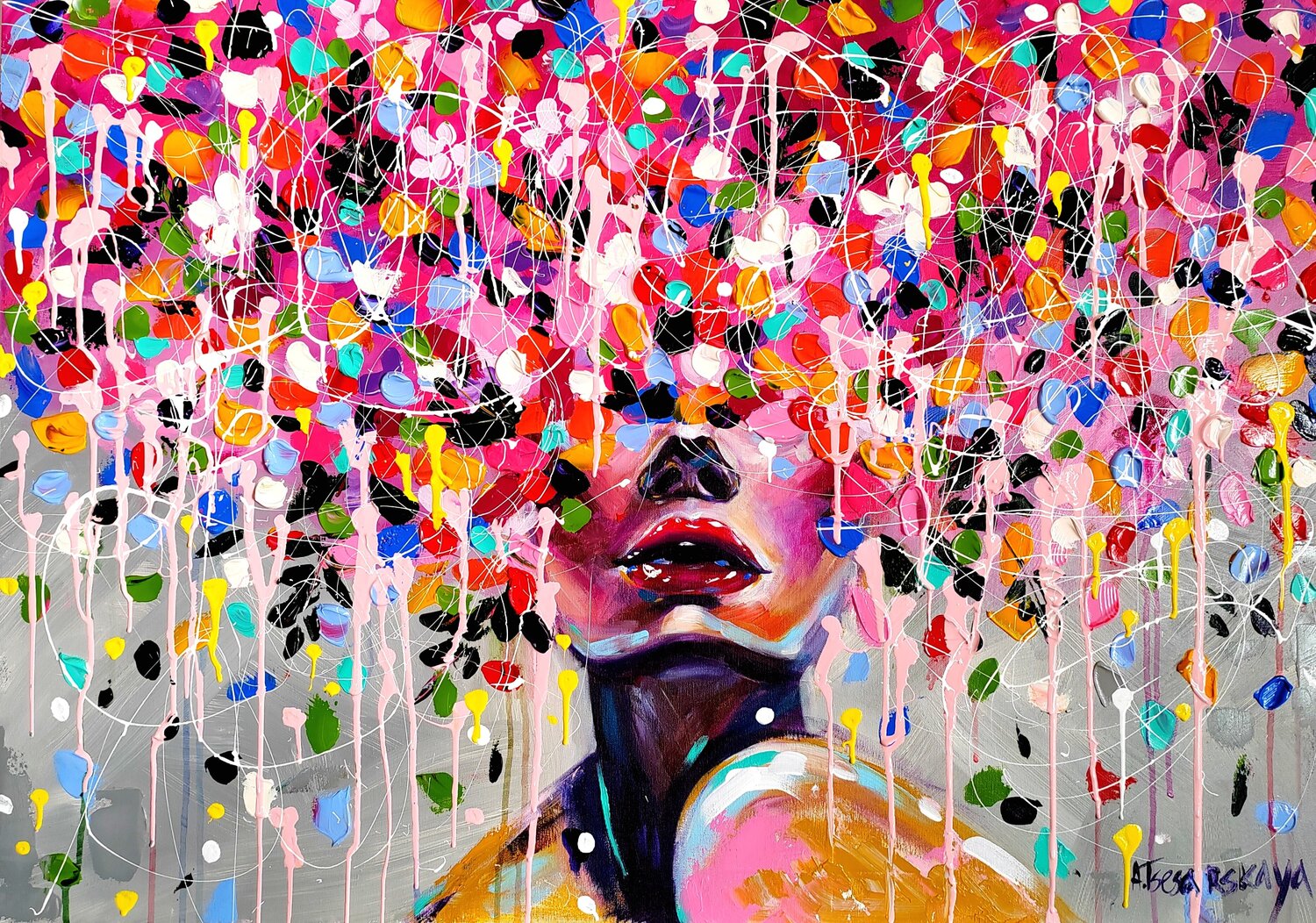 Girl with flowers crown - colorful portrait woman Aliaksandra Tsesarskaya Peinture originale à vendre