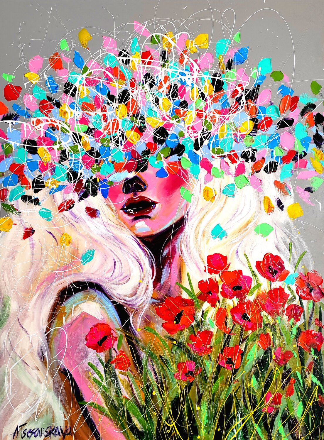 Girl with poppies Aliaksandra Tsesarskaya Dipinto originale in vendita