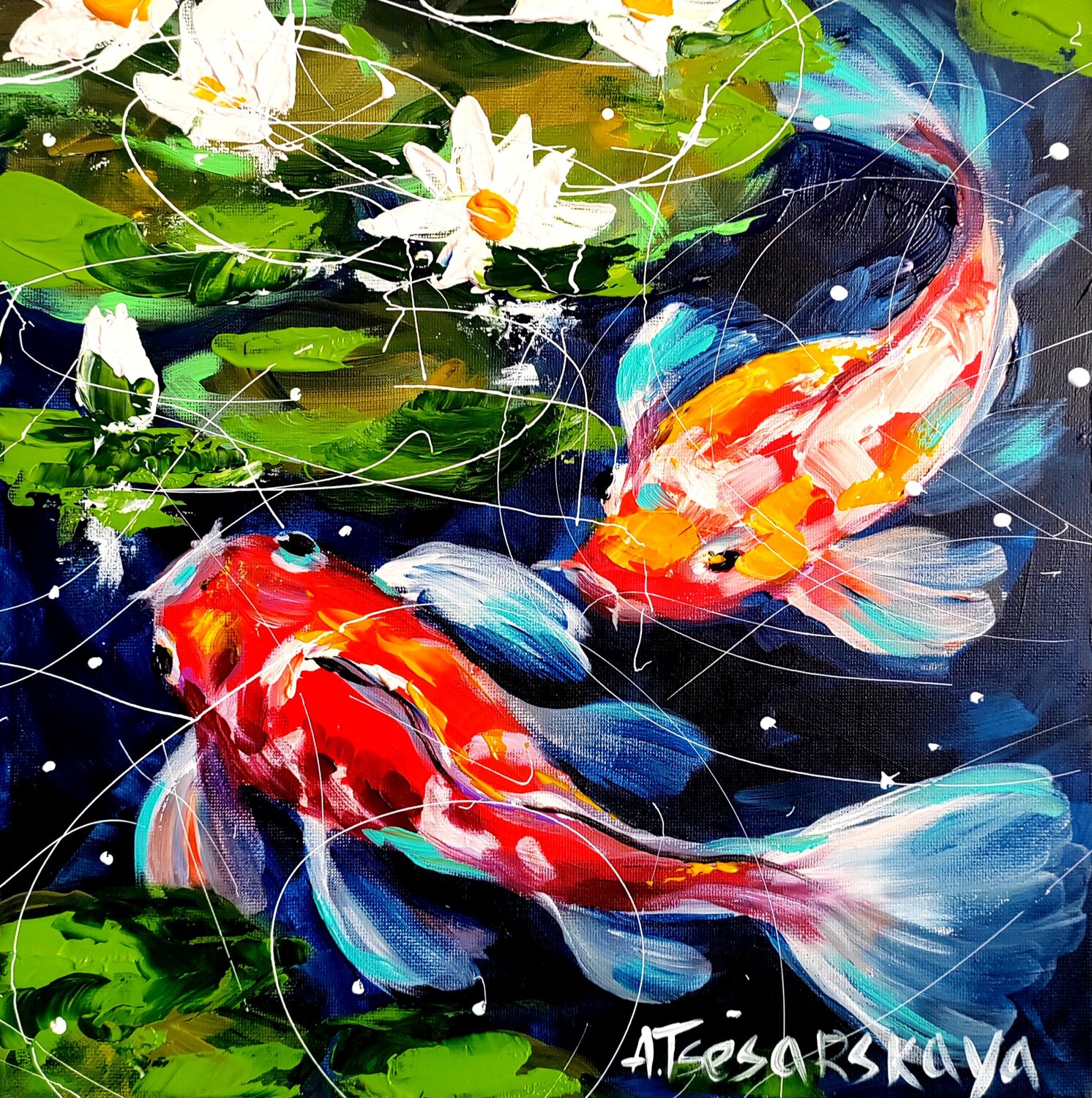Koi fish - colorful fish painting Aliaksandra Tsesarskaya Originalgemälde zu verkaufen