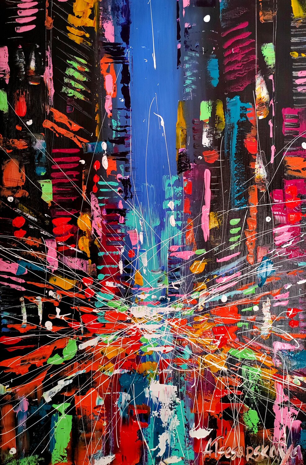 Night light in New York city Aliaksandra Tsesarskaya Dipinto originale in vendita