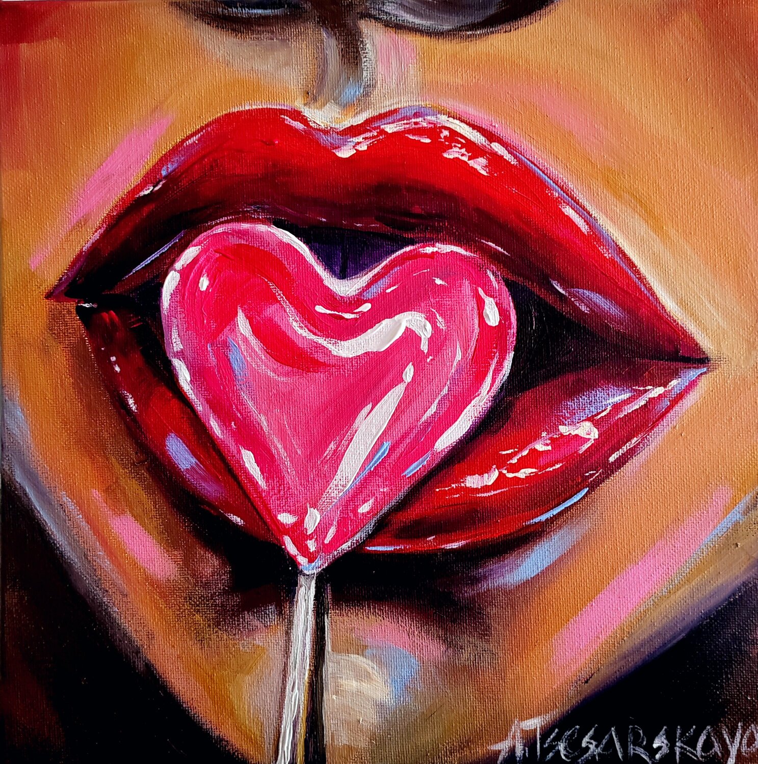 Red lips - sexy red lips painting Aliaksandra Tsesarskaya Originalgemälde zu verkaufen