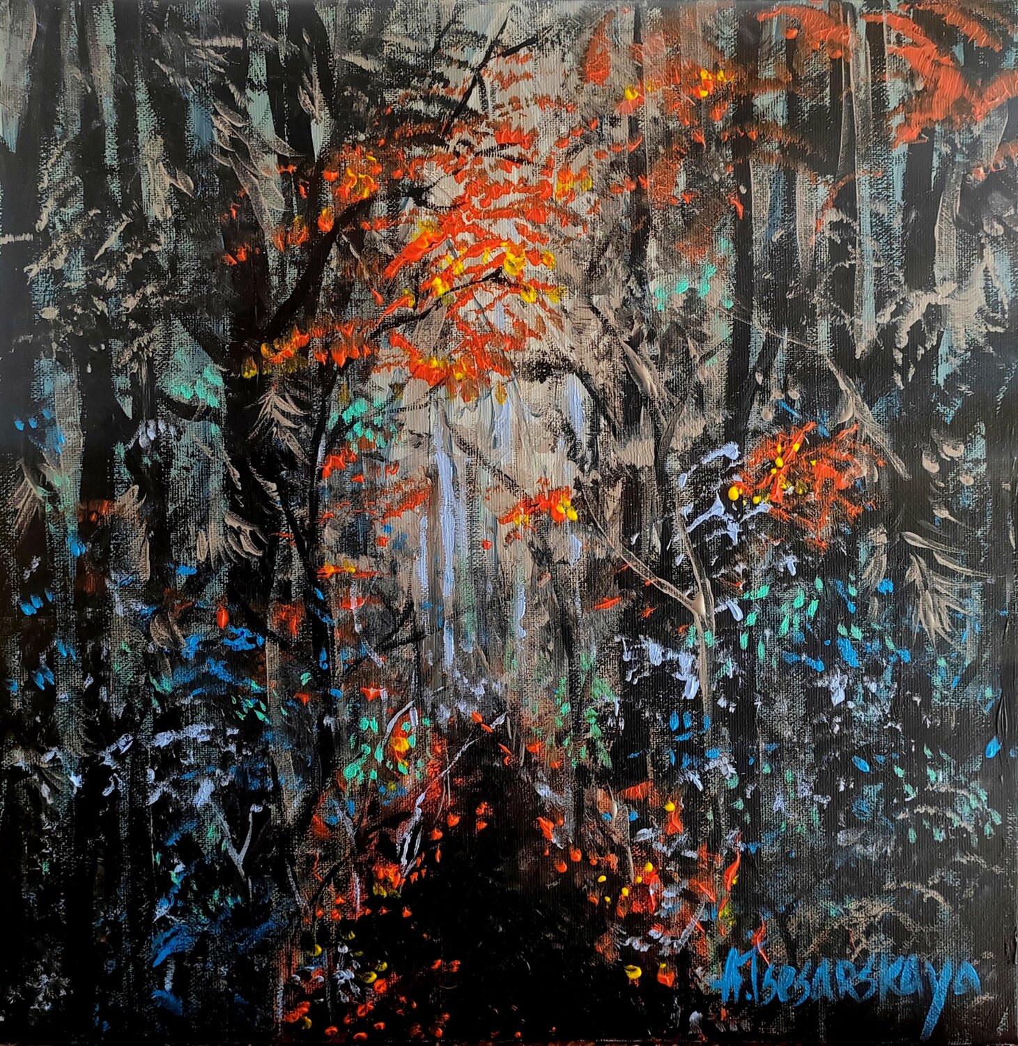 November forest - colorful abstract painting Aliaksandra Tsesarskaya Originalgemälde zu verkaufen