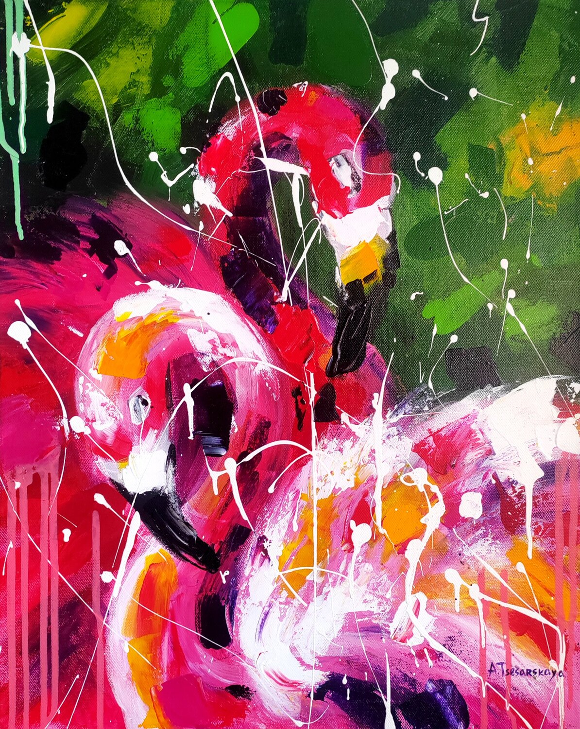 Dance Flamingo - bird painting Aliaksandra Tsesarskaya Originalgemälde zu verkaufen