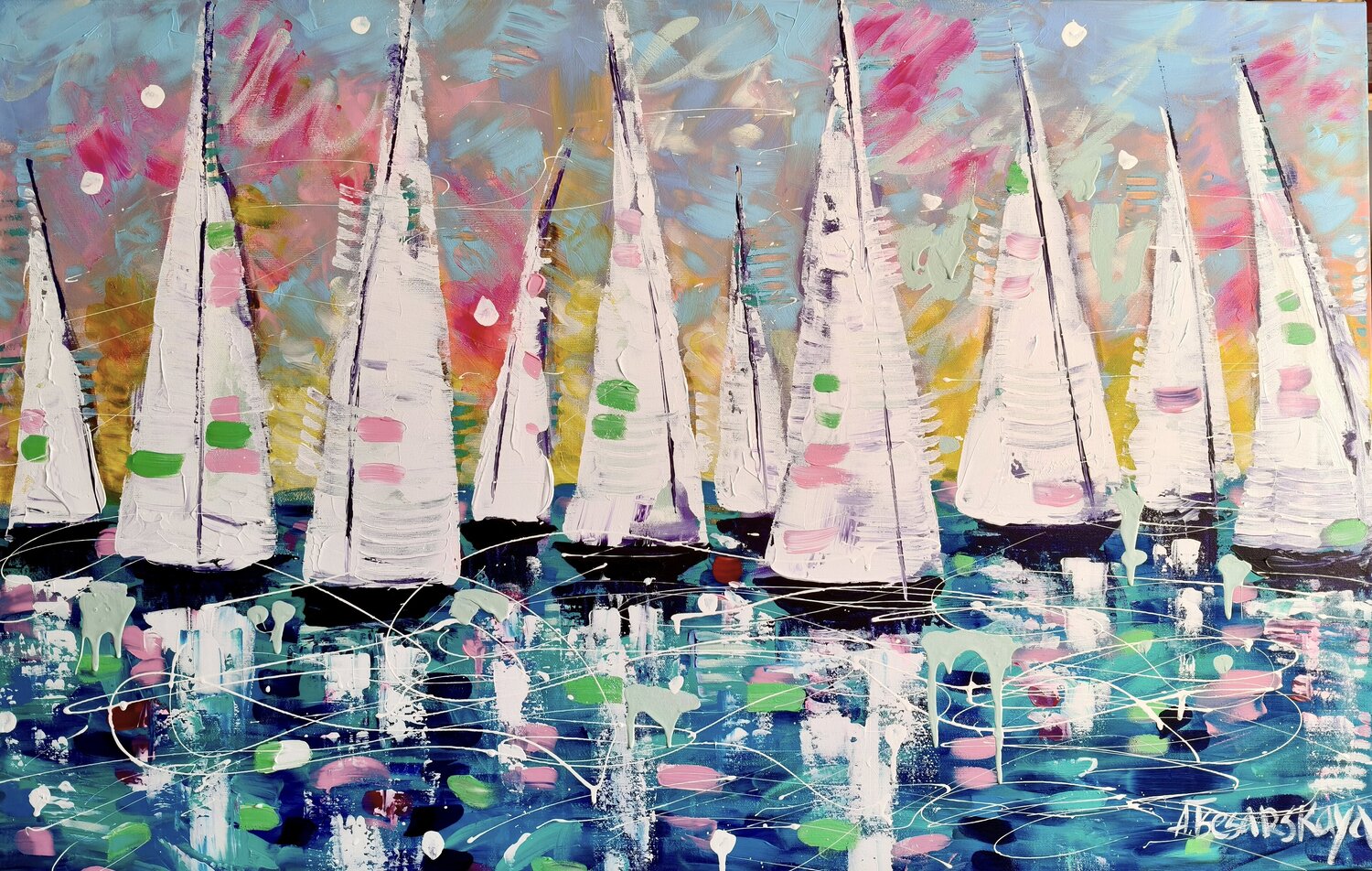 Summer sunset with White sailboats Aliaksandra Tsesarskaya Originalgemälde zu verkaufen