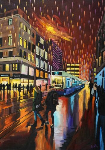 Red Sky And Zurich City di Li Tellenbach-Guo, Pittura in vendita su Singulart