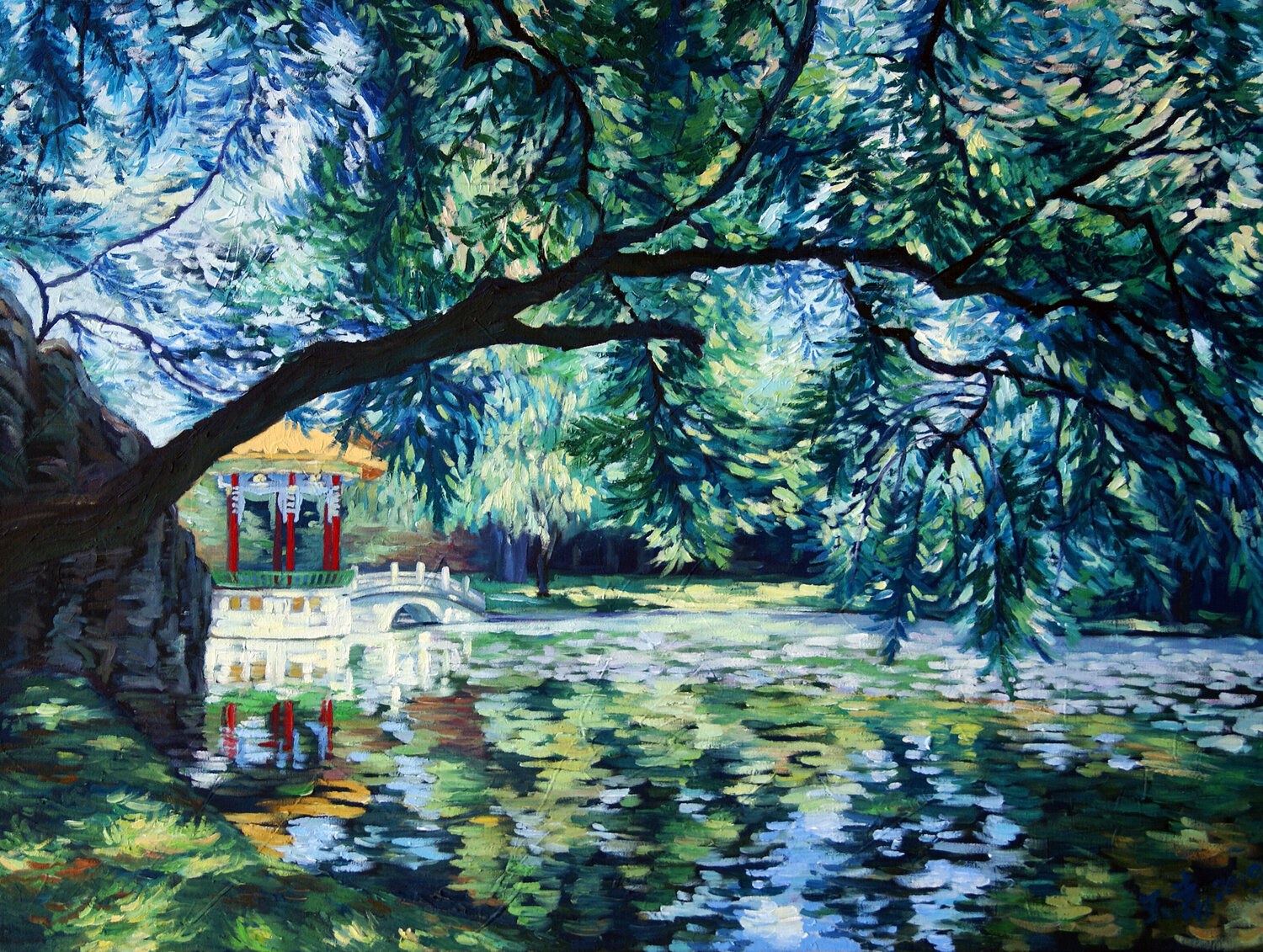 Summer In China Garden Li Tellenbach-Guo Originalgemälde zu verkaufen