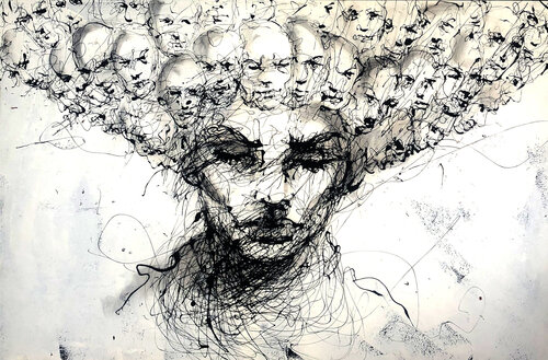 Title: The Weight of Thought. Drip on 150*100 cm canvas von Ole Hedeager, Malerei kaufen auf Singulart