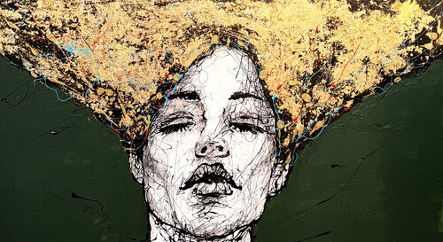 Title: Love is in her eyes . Drip and gold on 180*100 cm canvas by Ole Hedeager, Painting for Sale on Singulart