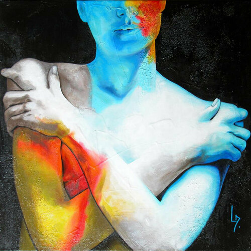 Nu-femme les bras croisés en jaune et bleu di Michèle Loussouarn, Pittura in vendita su Singulart