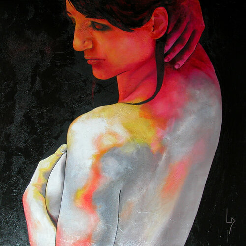 Nu-femme la nuque en blanc noir rouge van Michèle Loussouarn, Schilderij te koop op Singulart