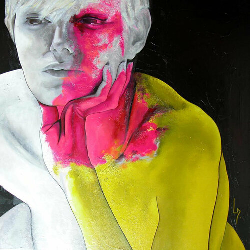 Nu-femme en appui en blanc jaune rouge von Michèle Loussouarn, Malerei kaufen auf Singulart